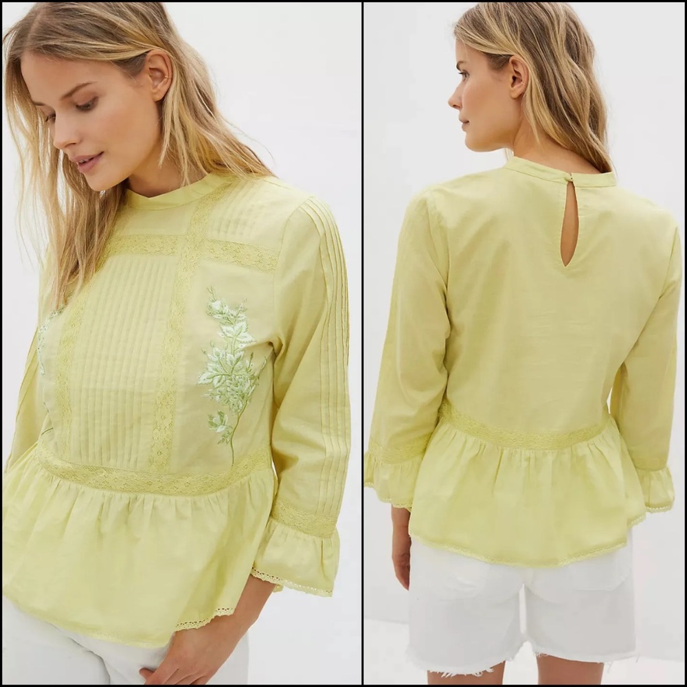 Anthro Duet Pastel Green Embroidered Beaded Crochet Lace Ruffle Blouse Top - Picture 1 of 8